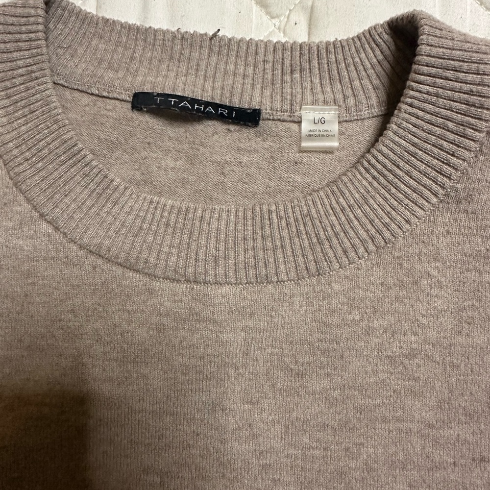 Tahari Tan Crewneck Sweater with Ribbed Detailing